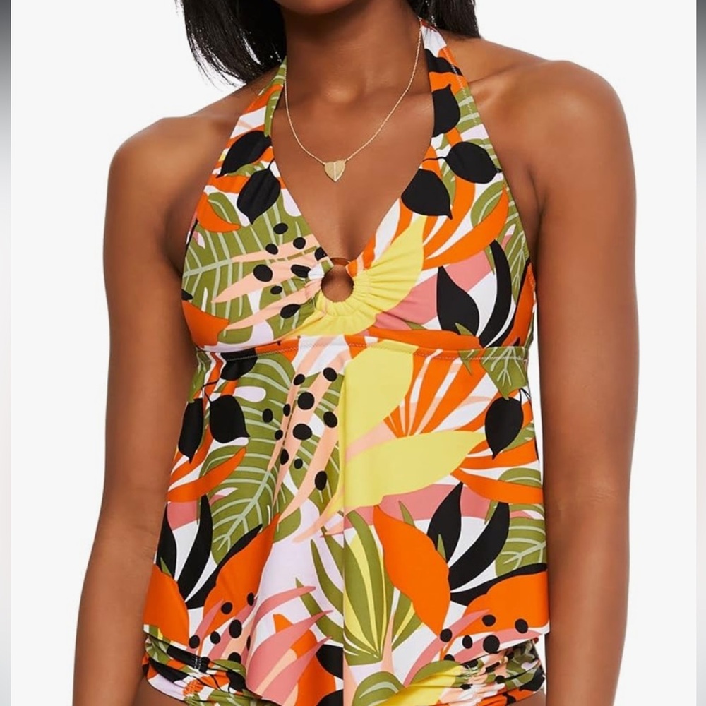 Bar III Women's Ring Tie Halter Tankini Swimsuit green orange‎ Top S NWOT